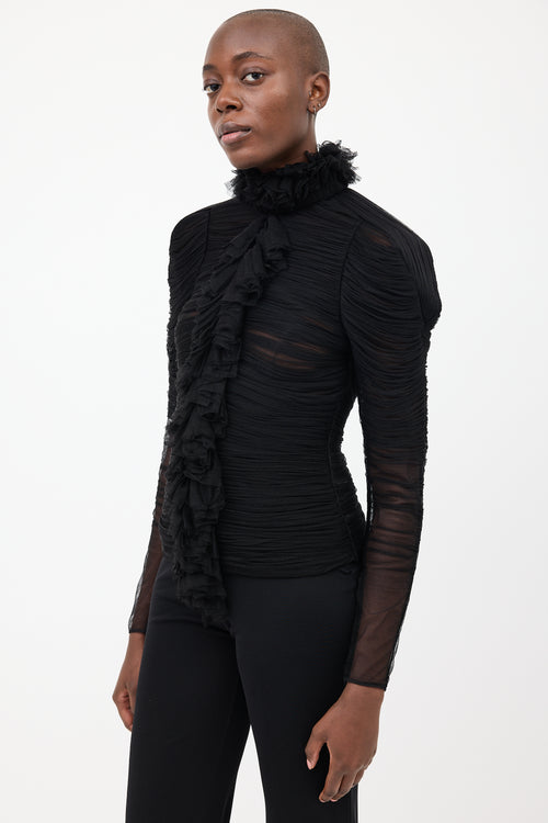 Tom Ford Black Silk Ruched 
Ruffle Shirt