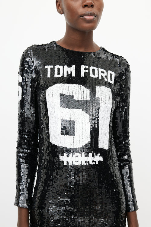 Tom Ford FW 2014 Black 
White Sequin Collegiate Dress