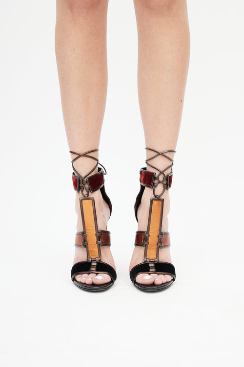 Tom Ford Brown 
Multi Patchwork Cage Sandal