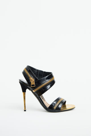 Black Patent 
Gold Zipper Heel