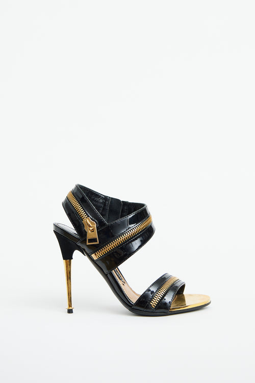 Black Patent 
Gold Zipper Heel