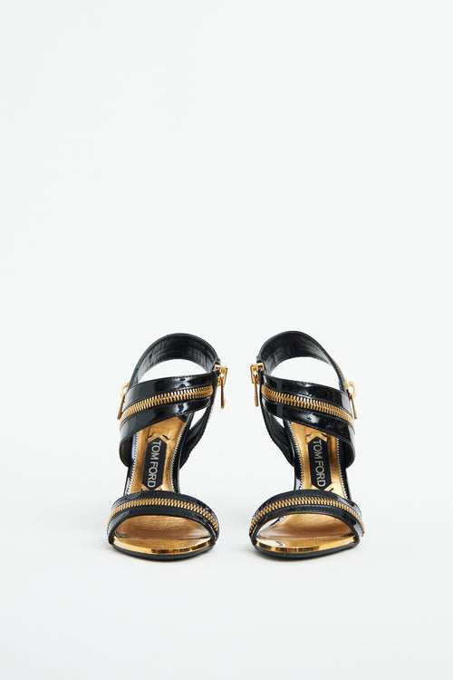 Black Patent 
Gold Zipper Heel