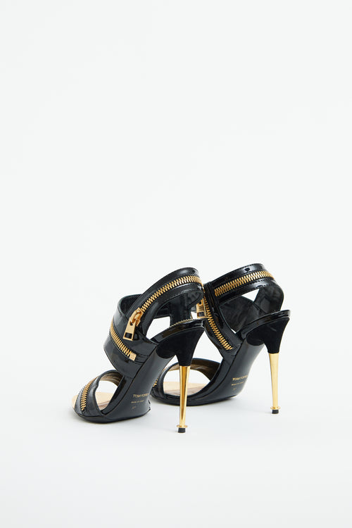 Black Patent 
Gold Zipper Heel