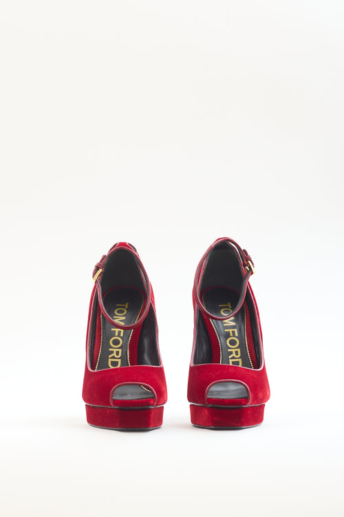 Tom Ford Red Velvet Ankle Strap Platform Pump