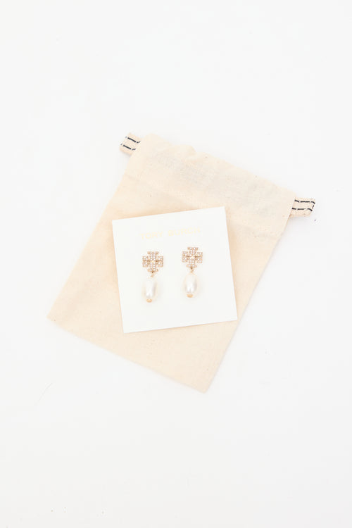 Tory Burch Gold 
White Kira Pavé Pearl Drop Earrings