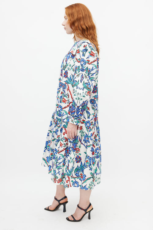 Tory Burch White 
Multicolour Quilted Floral Belted Dress