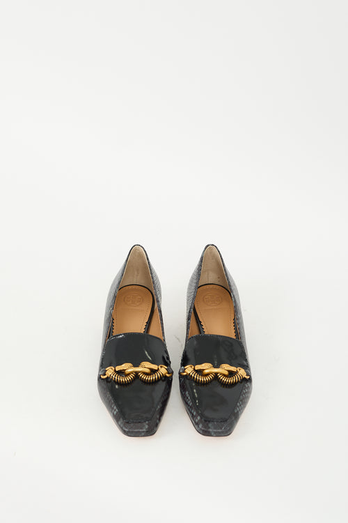 Tory Burch Black Patent 
Textured Leather Jessa Heeled Loafer