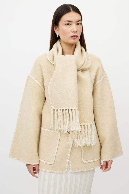 Totême Beige Wool Fringe Scarf Collar Jacket