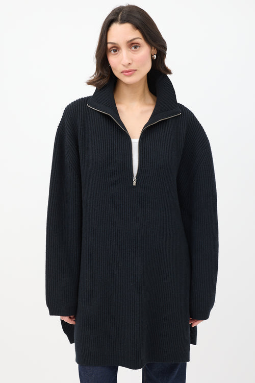 Toteme Black Wool Fisherman Zupper Knit Sweater