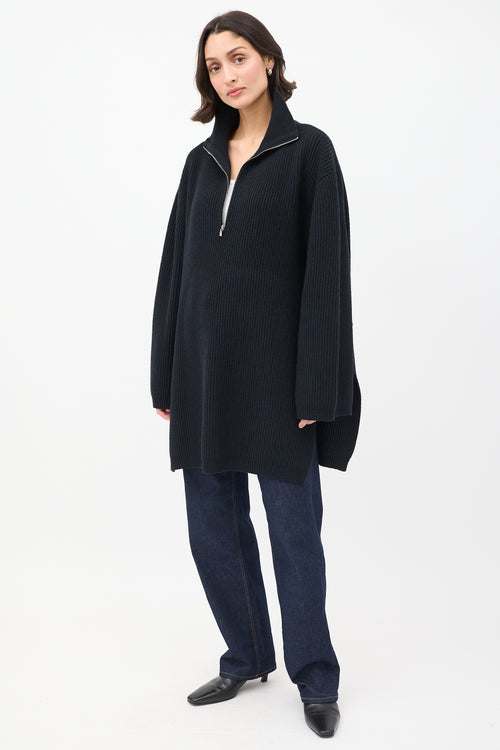 Toteme Black Wool Fisherman Zupper Knit Sweater