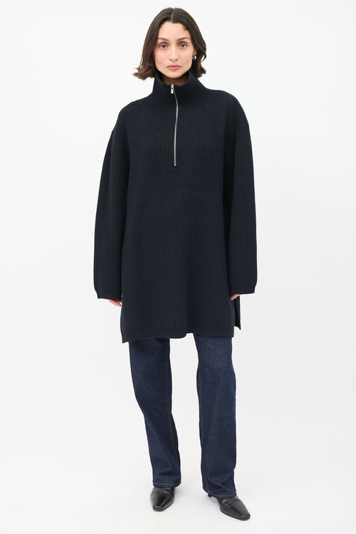 Toteme Black Wool Fisherman Zupper Knit Sweater