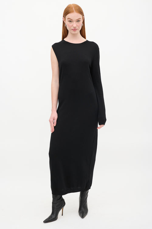 Toteme Black Wool Knitted Merino Asymmetric Wrap  Dress