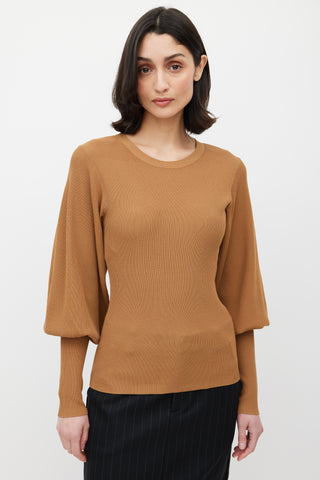 Totême Brown Ribbed Puff Sleeve Top