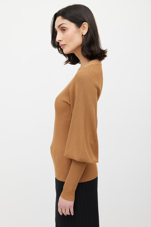 Totême Brown Ribbed Puff Sleeve Top