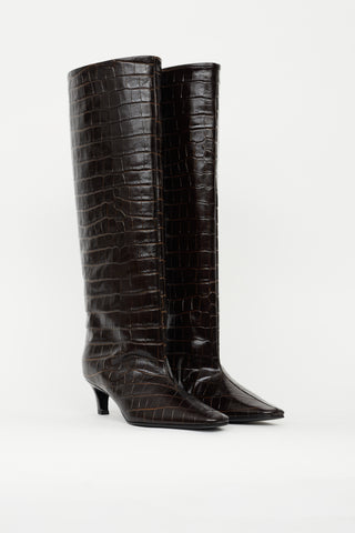 Totême Dark Brown Embossed Leather Knee High Boot