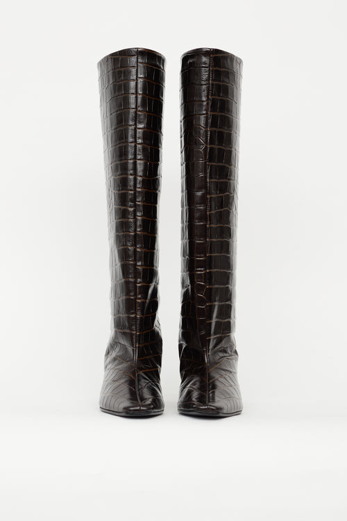 Totême Dark Brown Embossed Leather Knee High Boot