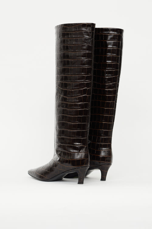 Totême Dark Brown Embossed Leather Knee High Boot