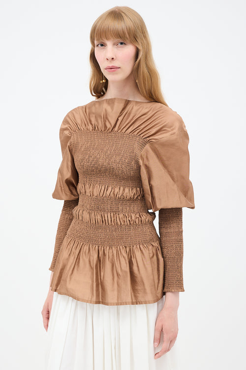 Toteme Fall 2019 Brown Silk Coripe Shirred Blouse