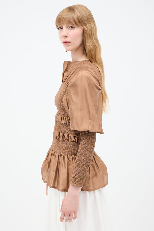 Toteme Fall 2019 Brown Silk Coripe Shirred Blouse