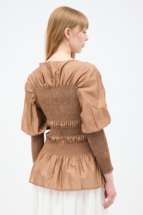 Toteme Fall 2019 Brown Silk Coripe Shirred Blouse