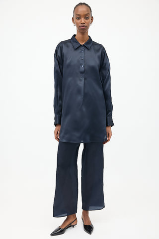 Toteme Navy Silk Organza Half Button Shirt