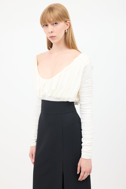 Tove White Ruched Off Shoulder Bodysuit