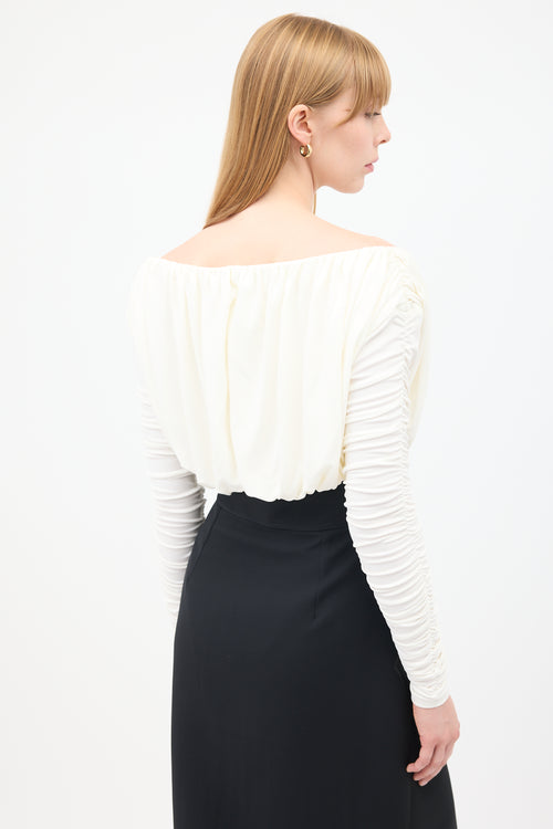 Tove White Ruched Off Shoulder Bodysuit