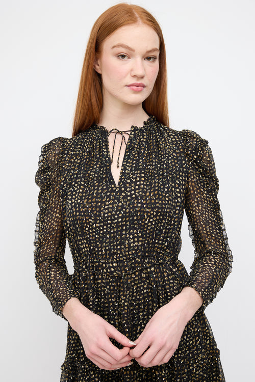 Ulla Johnson Black 
Gold Silk Dot Print Dress