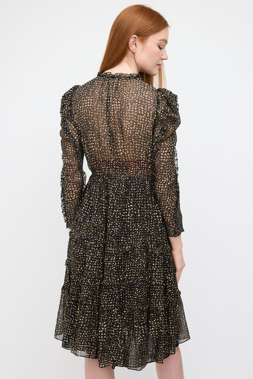 Ulla Johnson Black 
Gold Silk Dot Print Dress