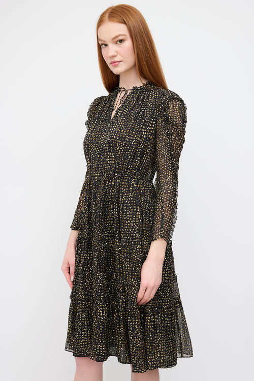 Ulla Johnson Black 
Gold Silk Dot Print Dress