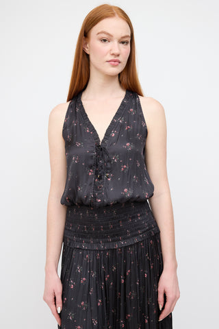 Ulla Johnson Black Satin Floral Lucille Dress