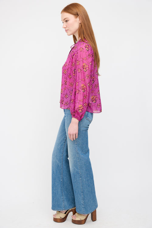 Ulla Johnson Purple Silk Floral Constance Blouse