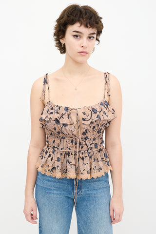 Beige 
Blue Silk Floral Ruffled Top