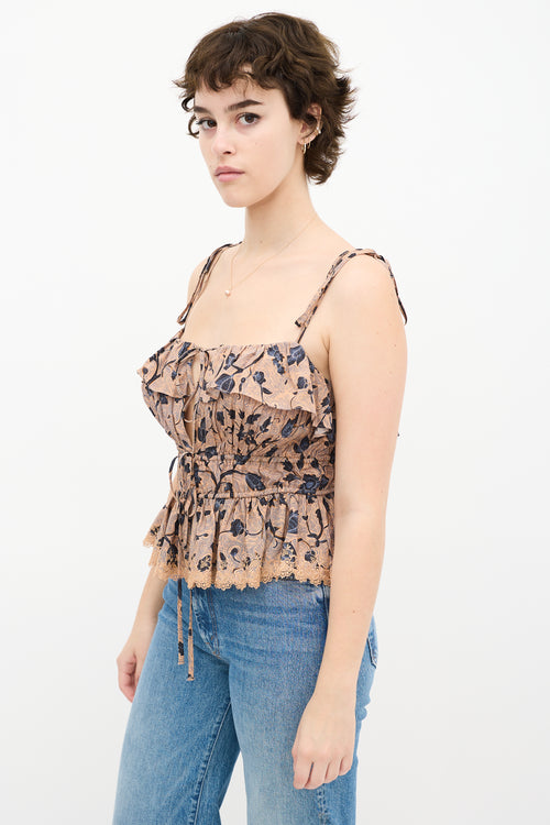 Beige 
Blue Silk Floral Ruffled Top