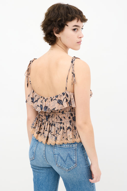 Beige 
Blue Silk Floral Ruffled Top