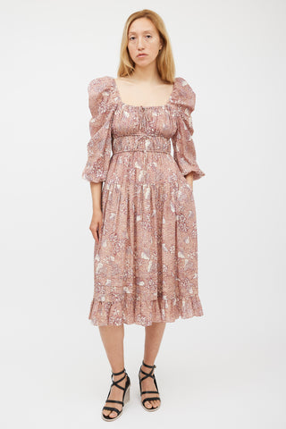 Ulla Johnson Beige 
Burgundy Floral Tiered Dress