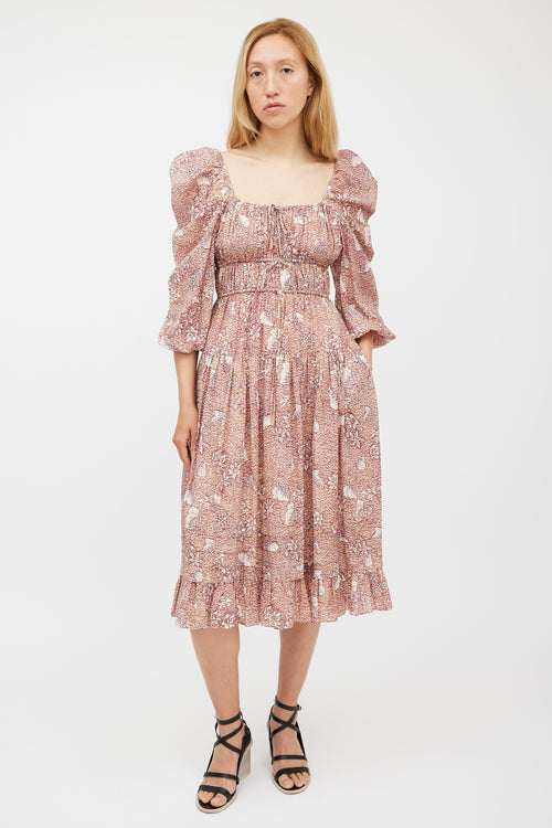 Ulla Johnson Beige 
Burgundy Floral Tiered Dress