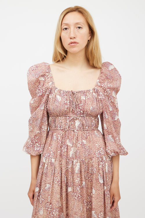 Ulla Johnson Beige 
Burgundy Floral Tiered Dress