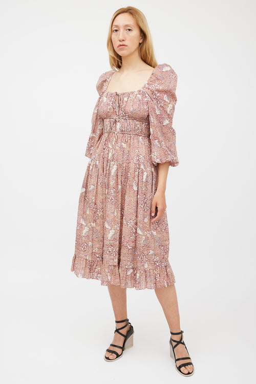 Ulla Johnson Beige 
Burgundy Floral Tiered Dress