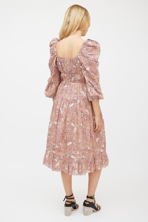 Ulla Johnson Beige 
Burgundy Floral Tiered Dress