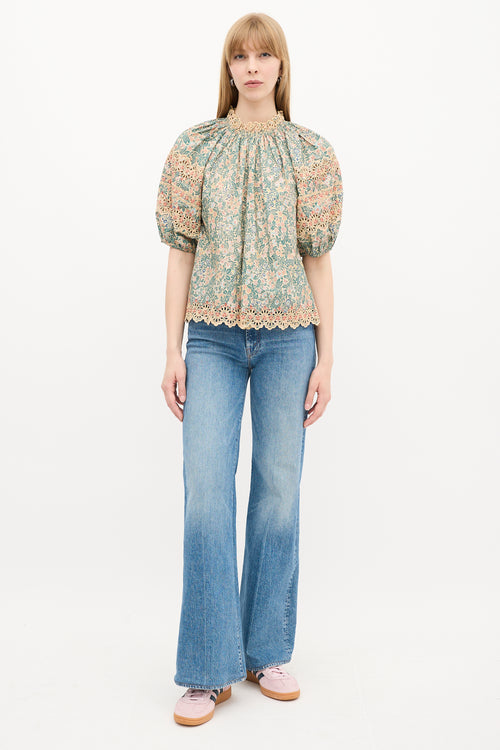 Ulla Johnson Beige 
Multi Floral Eyelet Embroidered Blouse