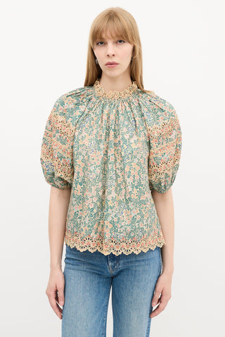 Ulla Johnson Beige 
Multi Floral Eyelet Embroidered Blouse