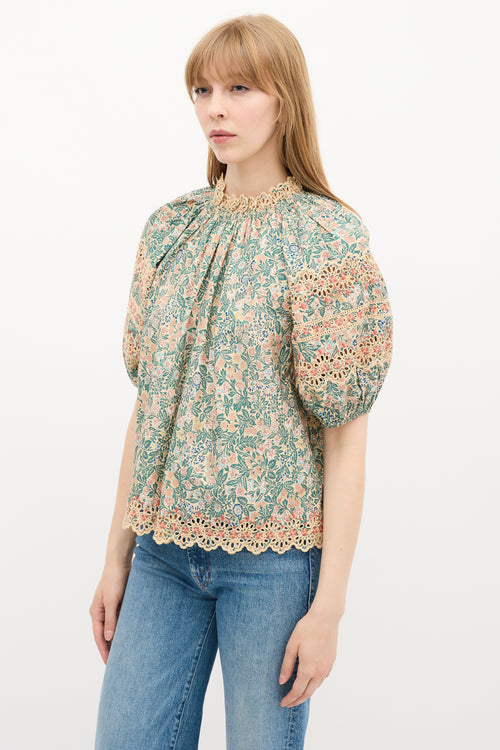 Ulla Johnson Beige 
Multi Floral Eyelet Embroidered Blouse