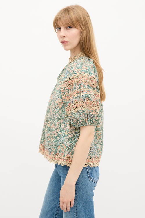 Ulla Johnson Beige 
Multi Floral Eyelet Embroidered Blouse