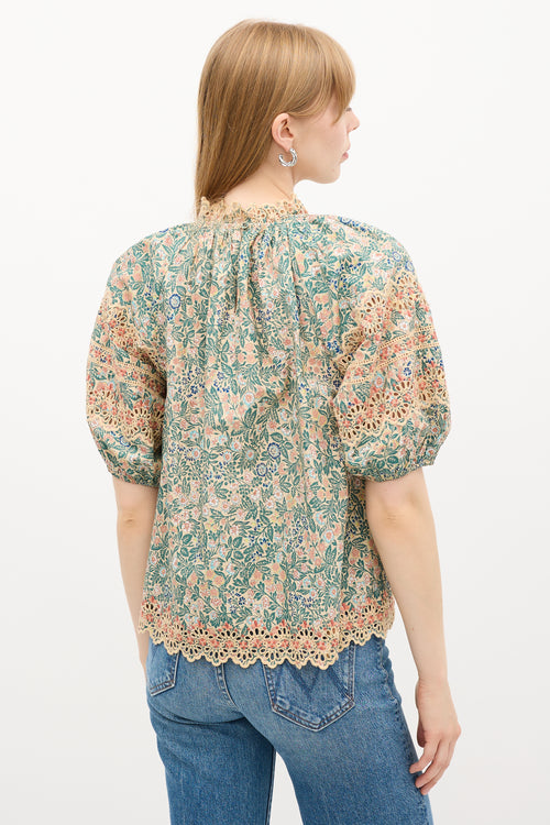 Ulla Johnson Beige 
Multi Floral Eyelet Embroidered Blouse