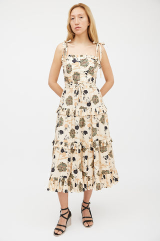 Ulla Johnson Beige 
Multicolour Floral Pleated Tiered Dress