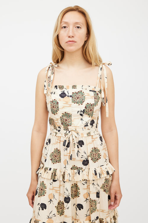 Ulla Johnson Beige 
Multicolour Floral Pleated Tiered Dress