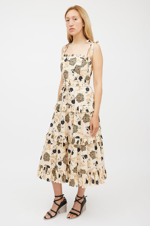 Ulla Johnson Beige 
Multicolour Floral Pleated Tiered Dress