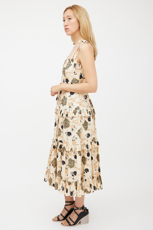 Ulla Johnson Beige 
Multicolour Floral Pleated Tiered Dress