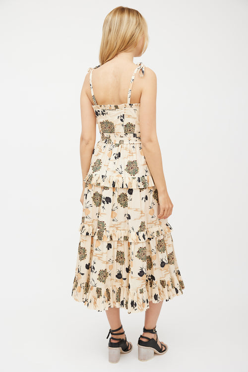 Ulla Johnson Beige 
Multicolour Floral Pleated Tiered Dress